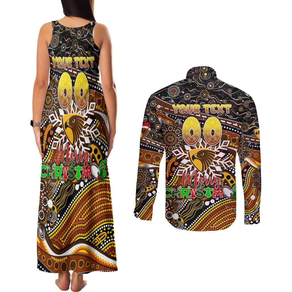 Merry Christmas AFL Hawks Couples Matching Tank Maxi Dress and Long Sleeve Button Shirt Aboriginal Santa Football Mascot