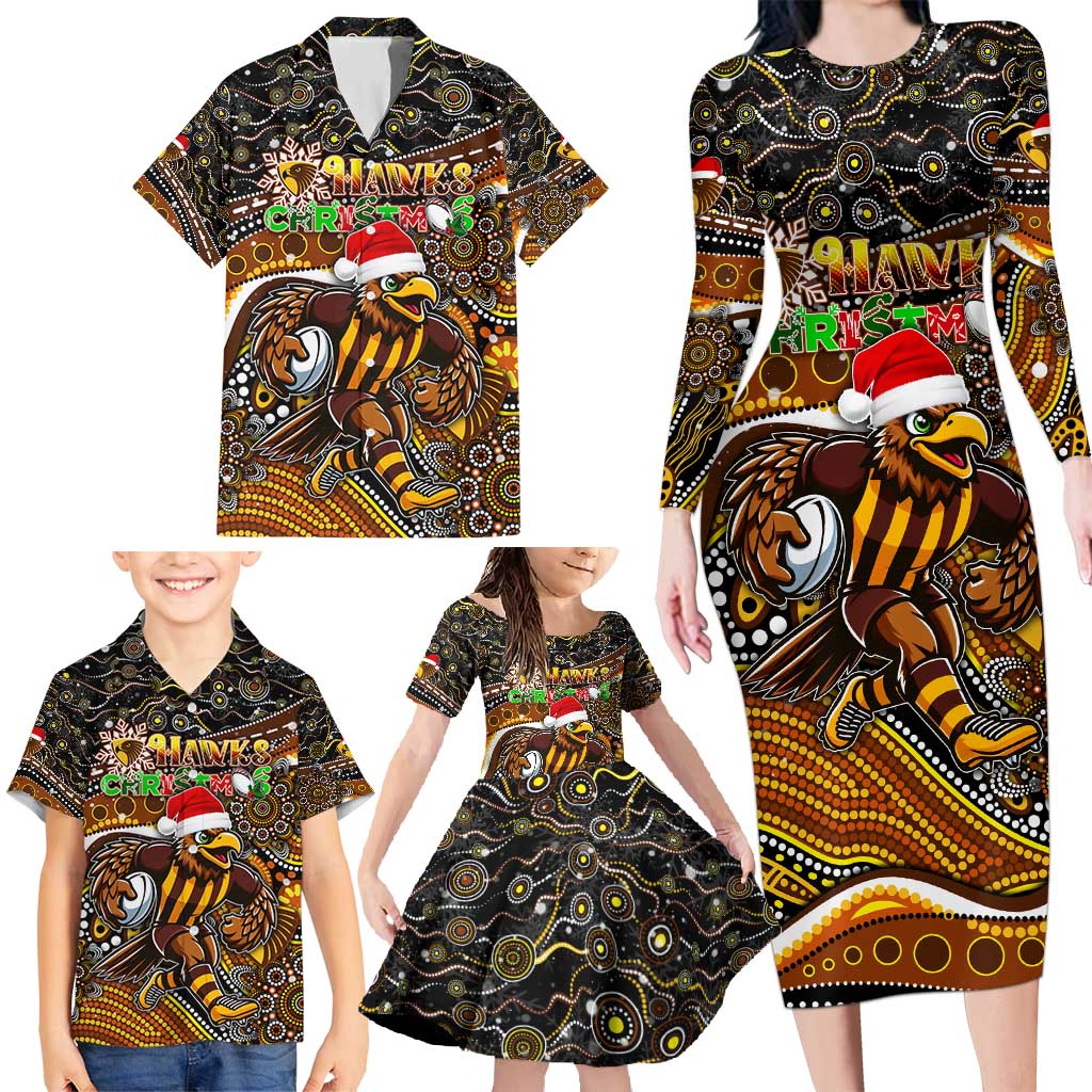Merry Christmas AFL Hawks Family Matching Long Sleeve Bodycon Dress and Hawaiian Shirt Aboriginal Santa Football Mascot