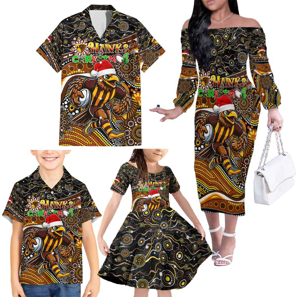 Merry Christmas AFL Hawks Family Matching Off The Shoulder Long Sleeve Dress and Hawaiian Shirt Aboriginal Santa Football Mascot