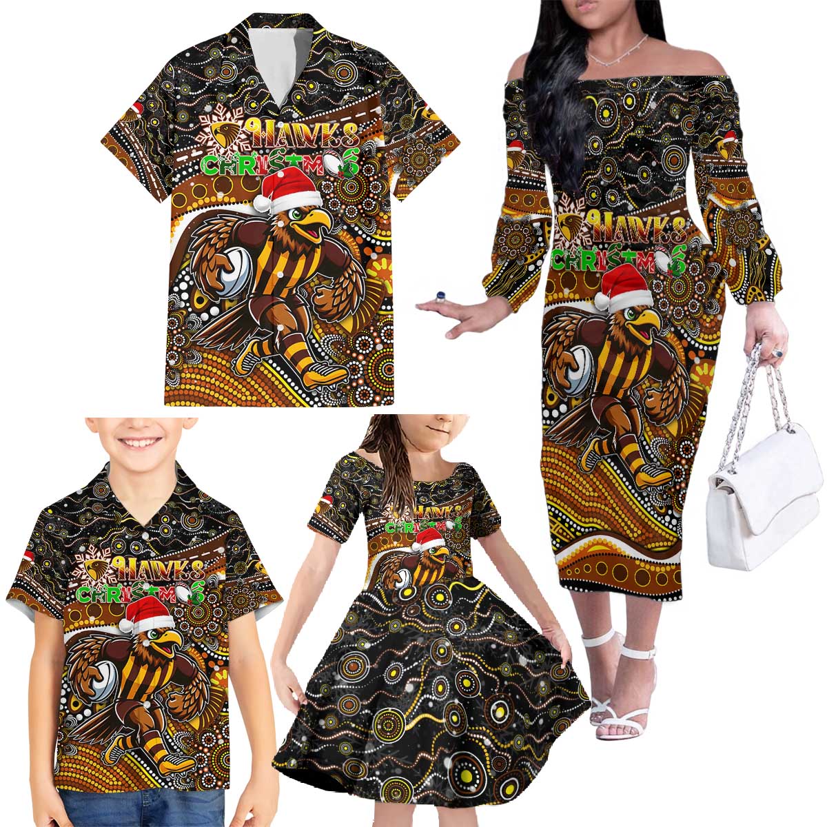 Merry Christmas AFL Hawks Family Matching Off The Shoulder Long Sleeve Dress and Hawaiian Shirt Aboriginal Santa Football Mascot