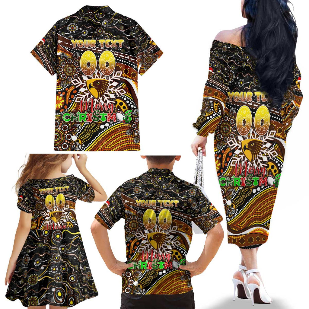 Merry Christmas AFL Hawks Family Matching Off The Shoulder Long Sleeve Dress and Hawaiian Shirt Aboriginal Santa Football Mascot