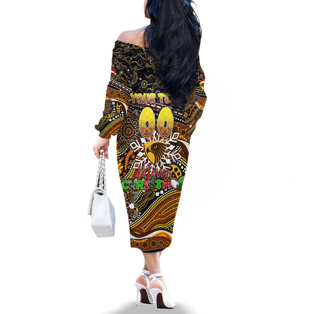 Merry Christmas AFL Hawks Family Matching Off The Shoulder Long Sleeve Dress and Hawaiian Shirt Aboriginal Santa Football Mascot