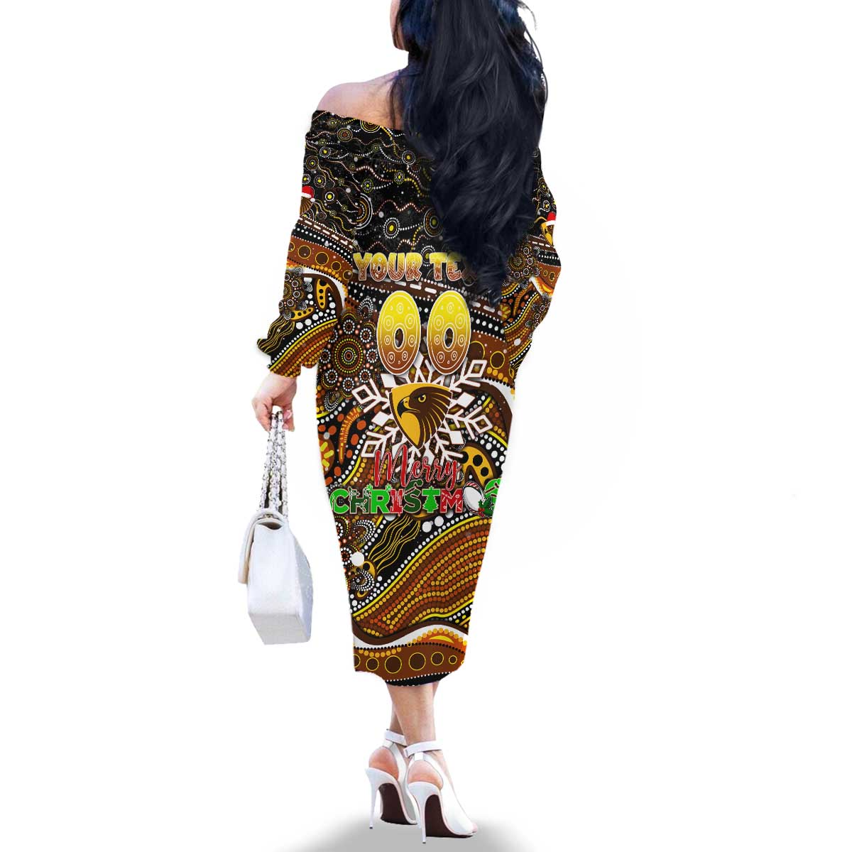 Merry Christmas AFL Hawks Family Matching Off The Shoulder Long Sleeve Dress and Hawaiian Shirt Aboriginal Santa Football Mascot
