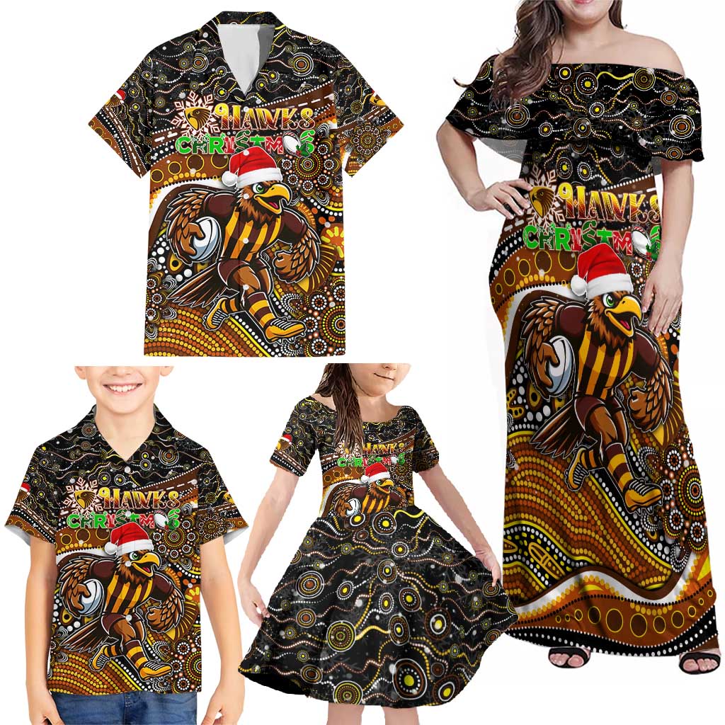 Merry Christmas AFL Hawks Family Matching Off Shoulder Maxi Dress and Hawaiian Shirt Aboriginal Santa Football Mascot