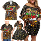 Merry Christmas AFL Hawks Family Matching Off Shoulder Short Dress and Hawaiian Shirt Aboriginal Santa Football Mascot