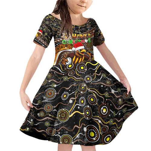 Merry Christmas AFL Hawks Family Matching Off Shoulder Short Dress and Hawaiian Shirt Aboriginal Santa Football Mascot