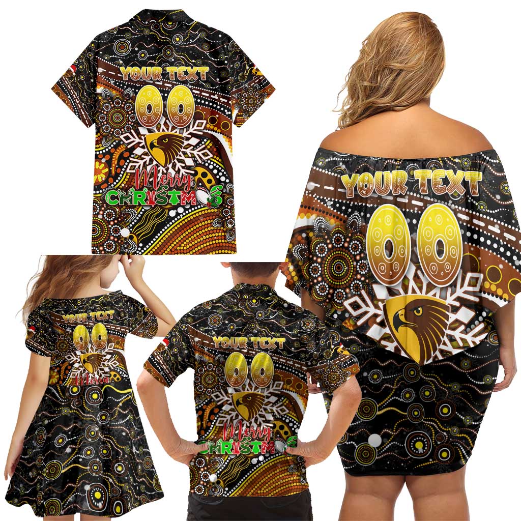 Merry Christmas AFL Hawks Family Matching Off Shoulder Short Dress and Hawaiian Shirt Aboriginal Santa Football Mascot