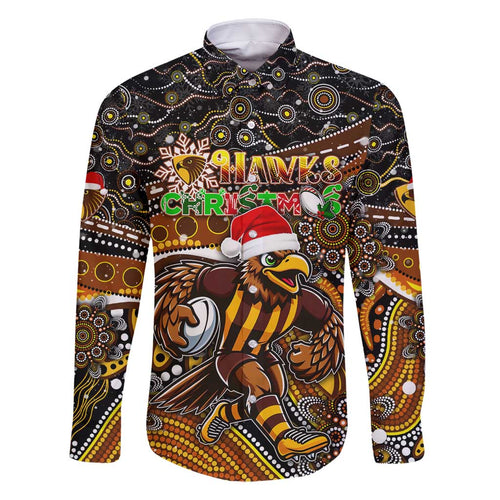 Merry Christmas AFL Hawks Family Matching Off Shoulder Short Dress and Hawaiian Shirt Aboriginal Santa Football Mascot