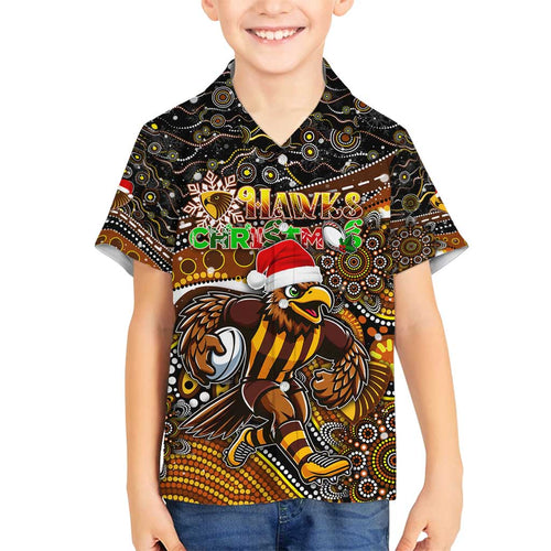 Merry Christmas AFL Hawks Family Matching Off Shoulder Short Dress and Hawaiian Shirt Aboriginal Santa Football Mascot
