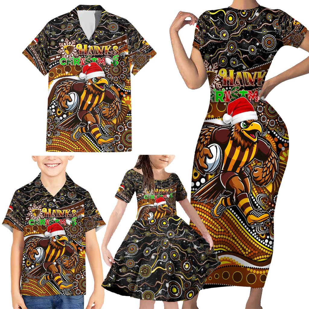 Merry Christmas AFL Hawks Family Matching Short Sleeve Bodycon Dress and Hawaiian Shirt Aboriginal Santa Football Mascot