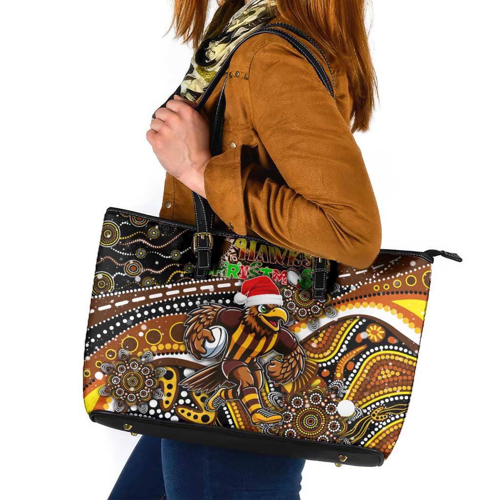 Merry Christmas AFL Hawks Leather Tote Bag Aboriginal Santa Football Mascot