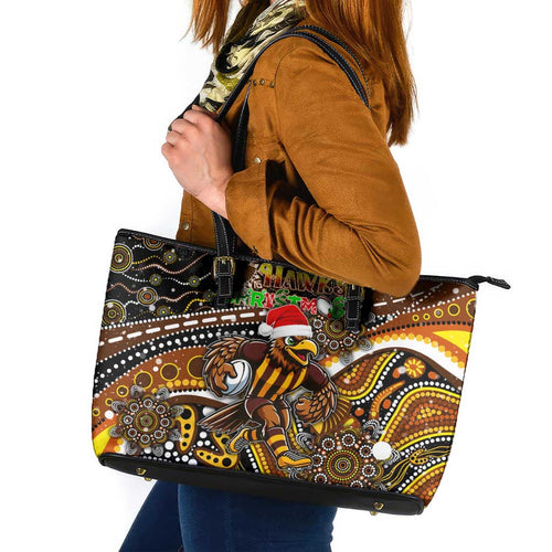 Merry Christmas AFL Hawks Leather Tote Bag Aboriginal Santa Football Mascot