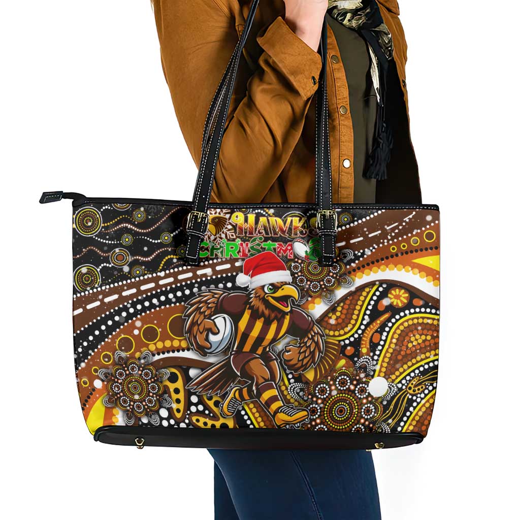Merry Christmas AFL Hawks Leather Tote Bag Aboriginal Santa Football Mascot