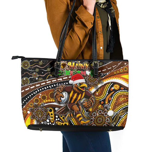Merry Christmas AFL Hawks Leather Tote Bag Aboriginal Santa Football Mascot