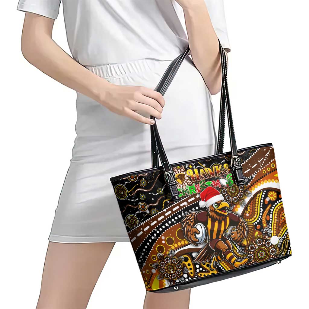 Merry Christmas AFL Hawks Leather Tote Bag Aboriginal Santa Football Mascot