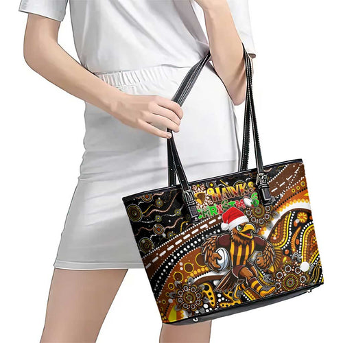 Merry Christmas AFL Hawks Leather Tote Bag Aboriginal Santa Football Mascot