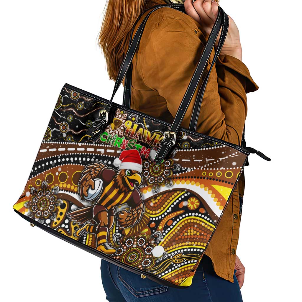 Merry Christmas AFL Hawks Leather Tote Bag Aboriginal Santa Football Mascot