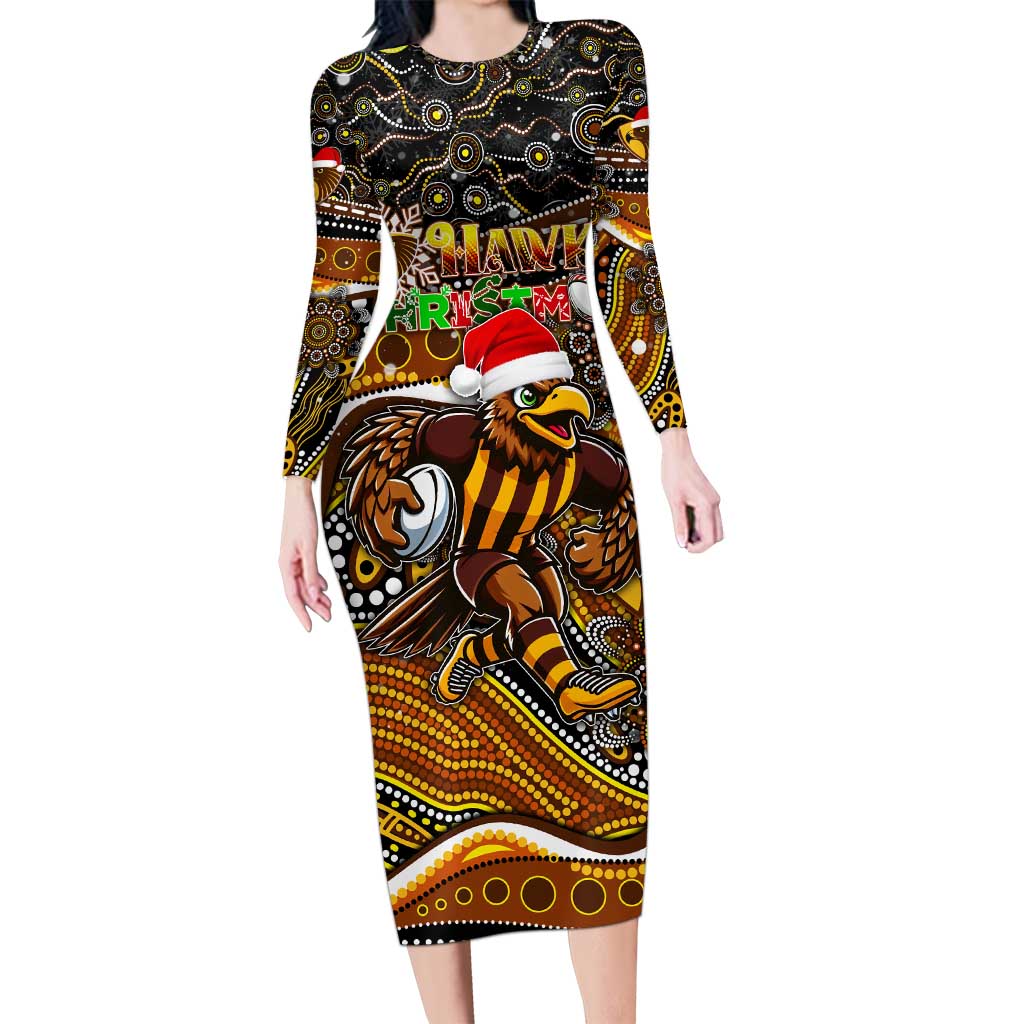 Merry Christmas AFL Hawks Long Sleeve Bodycon Dress Aboriginal Santa Football Mascot