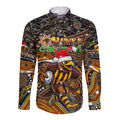 Merry Christmas AFL Hawks Long Sleeve Button Shirt Aboriginal Santa Football Mascot
