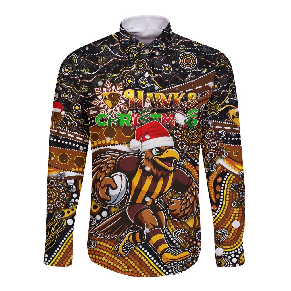 Merry Christmas AFL Hawks Long Sleeve Button Shirt Aboriginal Santa Football Mascot