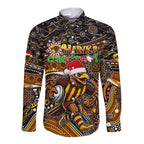 Merry Christmas AFL Hawks Long Sleeve Button Shirt Aboriginal Santa Football Mascot