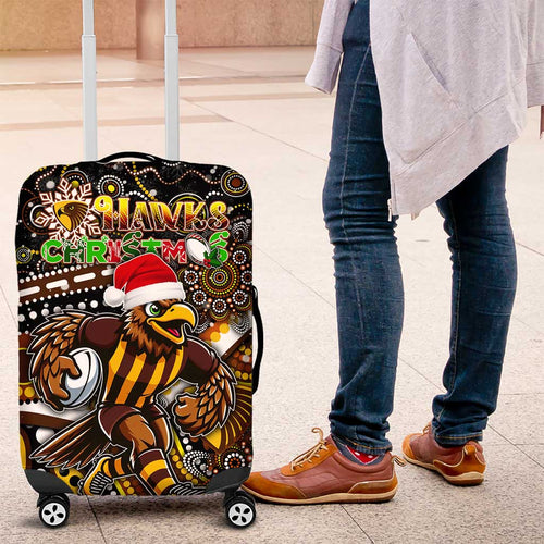 Merry Christmas AFL Hawks Luggage Cover Aboriginal Santa Football Mascot