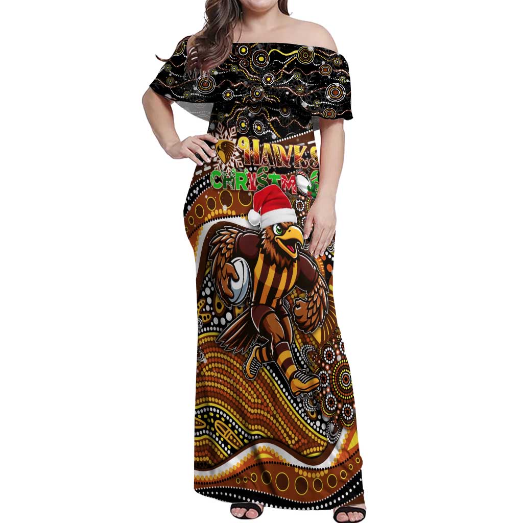 Merry Christmas AFL Hawks Off Shoulder Maxi Dress Aboriginal Santa Football Mascot