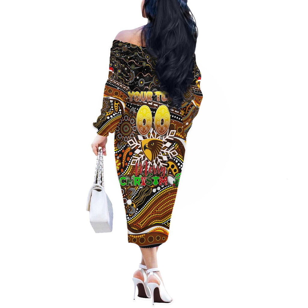 Merry Christmas AFL Hawks Off The Shoulder Long Sleeve Dress Aboriginal Santa Football Mascot