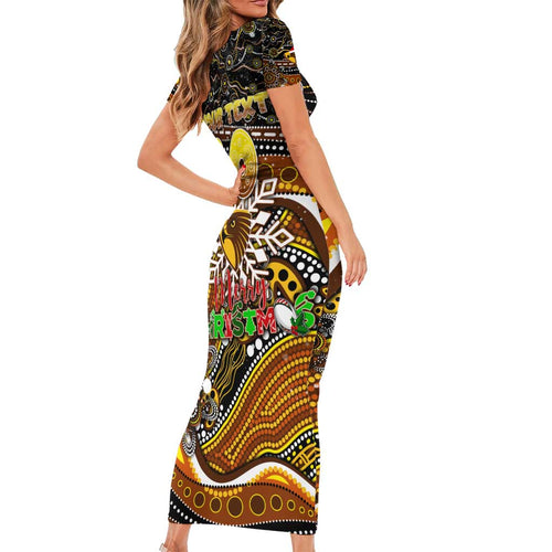 Merry Christmas AFL Hawks Short Sleeve Bodycon Dress Aboriginal Santa Football Mascot