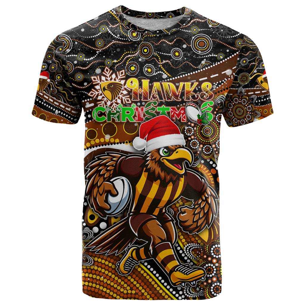 Merry Christmas AFL Hawks T Shirt Aboriginal Santa Football Mascot