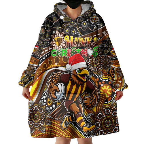 Merry Christmas AFL Hawks Wearable Blanket Hoodie Aboriginal Santa Football Mascot