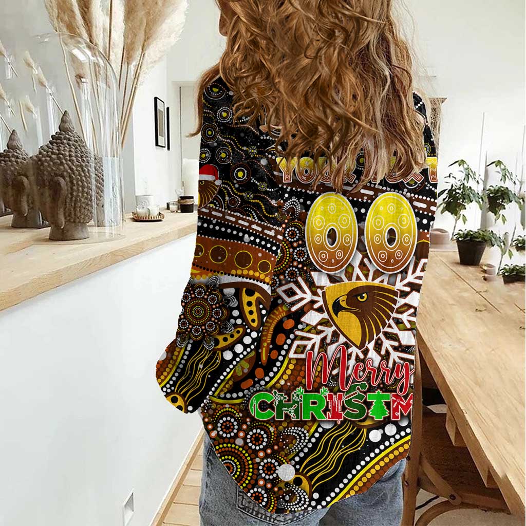 Merry Christmas AFL Hawks Women Casual Shirt Aboriginal Santa Football Mascot