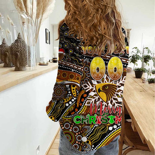 Merry Christmas AFL Hawks Women Casual Shirt Aboriginal Santa Football Mascot