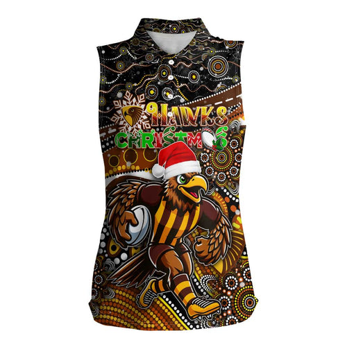 Merry Christmas AFL Hawks Women Sleeveless Polo Shirt Aboriginal Santa Football Mascot