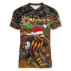Merry Christmas AFL Hawks Women V-Neck T-Shirt Aboriginal Santa Football Mascot
