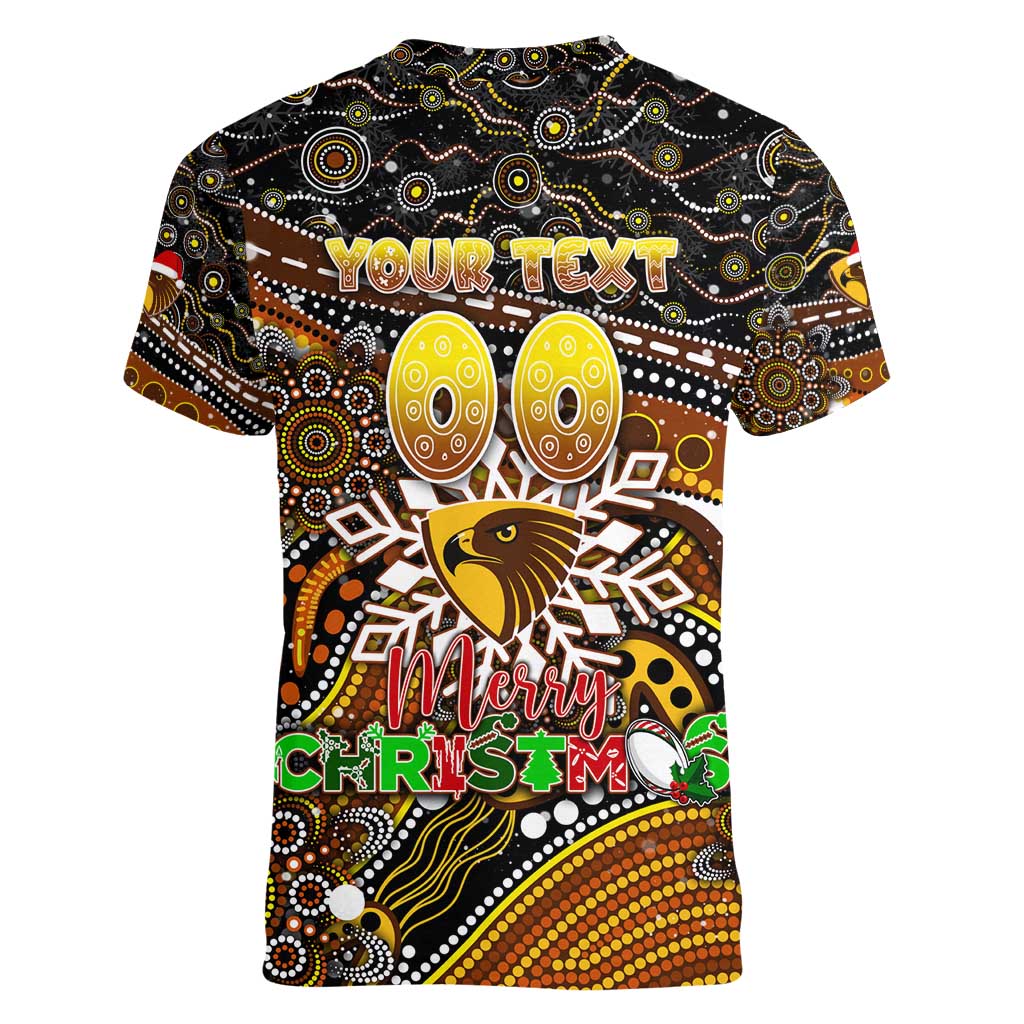 Merry Christmas AFL Hawks Women V-Neck T-Shirt Aboriginal Santa Football Mascot