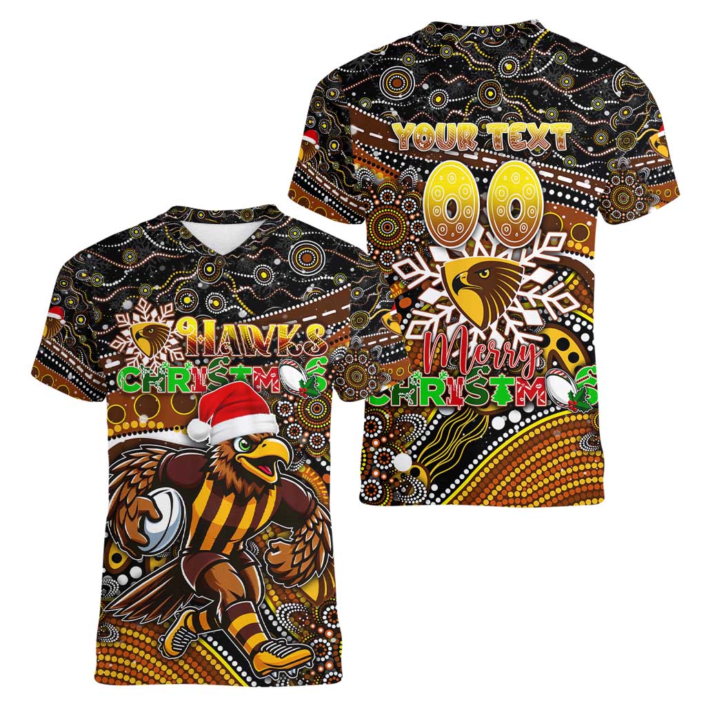 Merry Christmas AFL Hawks Women V-Neck T-Shirt Aboriginal Santa Football Mascot