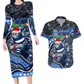Merry Christmas AFL Cats Couples Matching Long Sleeve Bodycon Dress and Hawaiian Shirt Aboriginal Santa Football Mascot