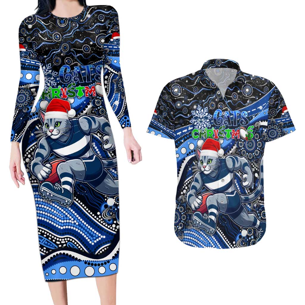 Merry Christmas AFL Cats Couples Matching Long Sleeve Bodycon Dress and Hawaiian Shirt Aboriginal Santa Football Mascot