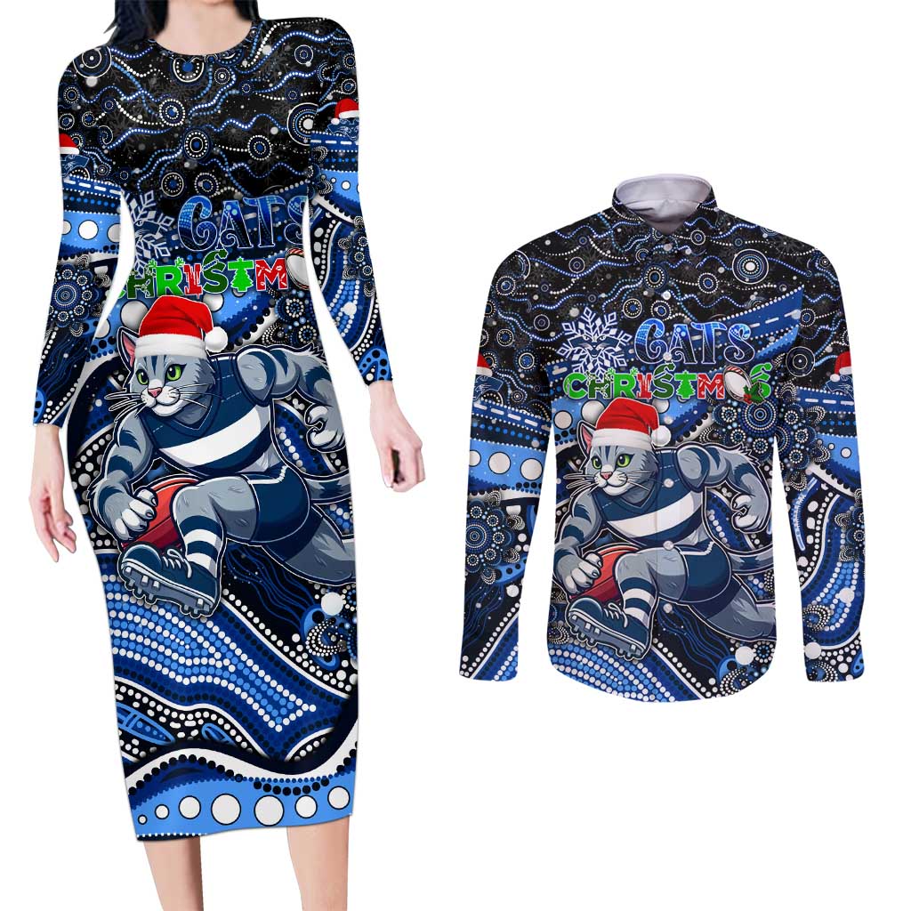 Merry Christmas AFL Cats Couples Matching Long Sleeve Bodycon Dress and Long Sleeve Button Shirt Aboriginal Santa Football Mascot