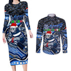 Merry Christmas AFL Cats Couples Matching Long Sleeve Bodycon Dress and Long Sleeve Button Shirt Aboriginal Santa Football Mascot