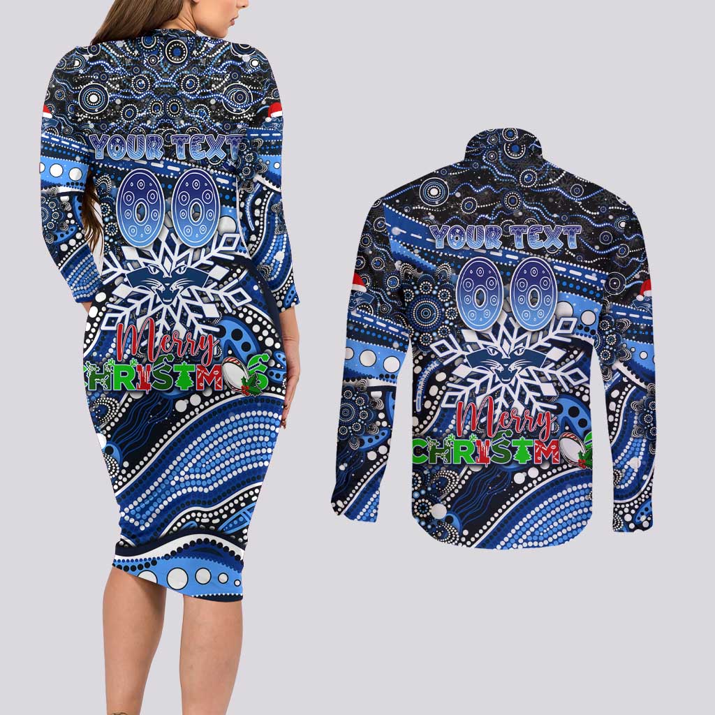 Merry Christmas AFL Cats Couples Matching Long Sleeve Bodycon Dress and Long Sleeve Button Shirt Aboriginal Santa Football Mascot