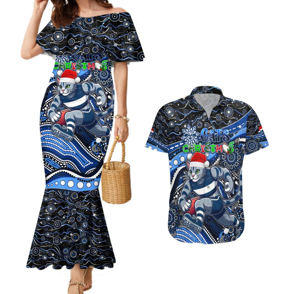 Merry Christmas AFL Cats Couples Matching Mermaid Dress and Hawaiian Shirt Aboriginal Santa Football Mascot