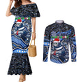Merry Christmas AFL Cats Couples Matching Mermaid Dress and Long Sleeve Button Shirt Aboriginal Santa Football Mascot