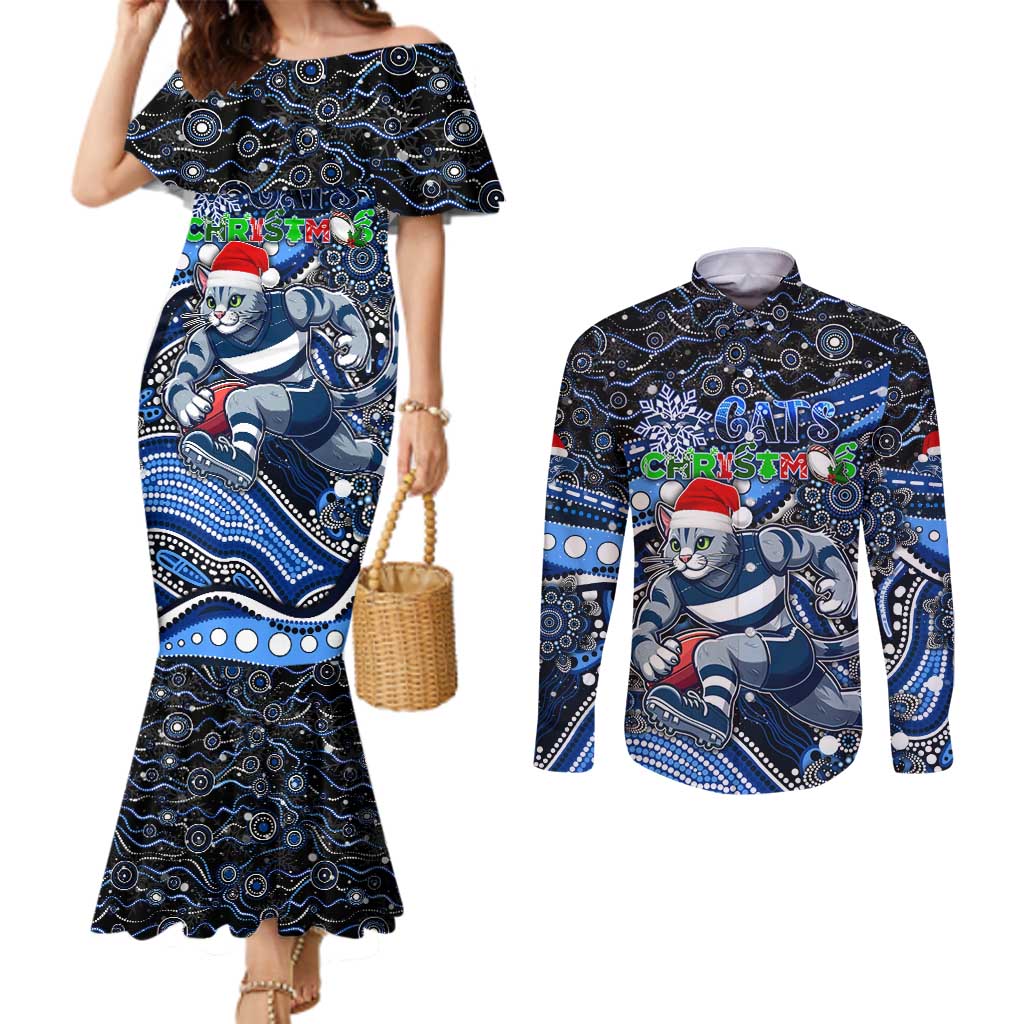 Merry Christmas AFL Cats Couples Matching Mermaid Dress and Long Sleeve Button Shirt Aboriginal Santa Football Mascot
