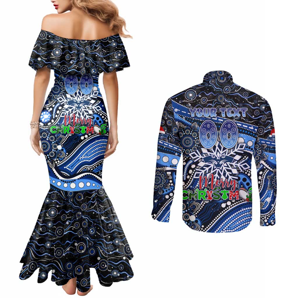 Merry Christmas AFL Cats Couples Matching Mermaid Dress and Long Sleeve Button Shirt Aboriginal Santa Football Mascot