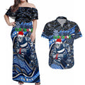 Merry Christmas AFL Cats Couples Matching Off Shoulder Maxi Dress and Hawaiian Shirt Aboriginal Santa Football Mascot