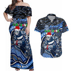 Merry Christmas AFL Cats Couples Matching Off Shoulder Maxi Dress and Hawaiian Shirt Aboriginal Santa Football Mascot