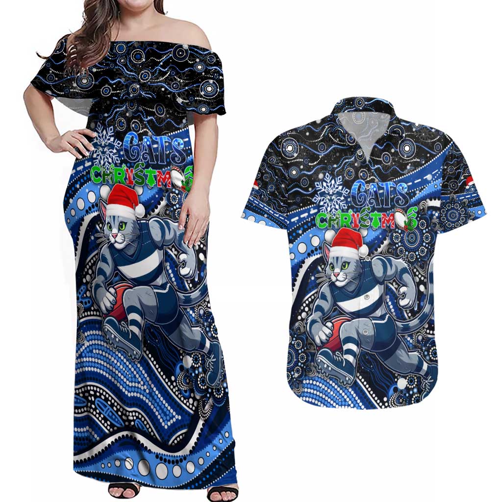 Merry Christmas AFL Cats Couples Matching Off Shoulder Maxi Dress and Hawaiian Shirt Aboriginal Santa Football Mascot