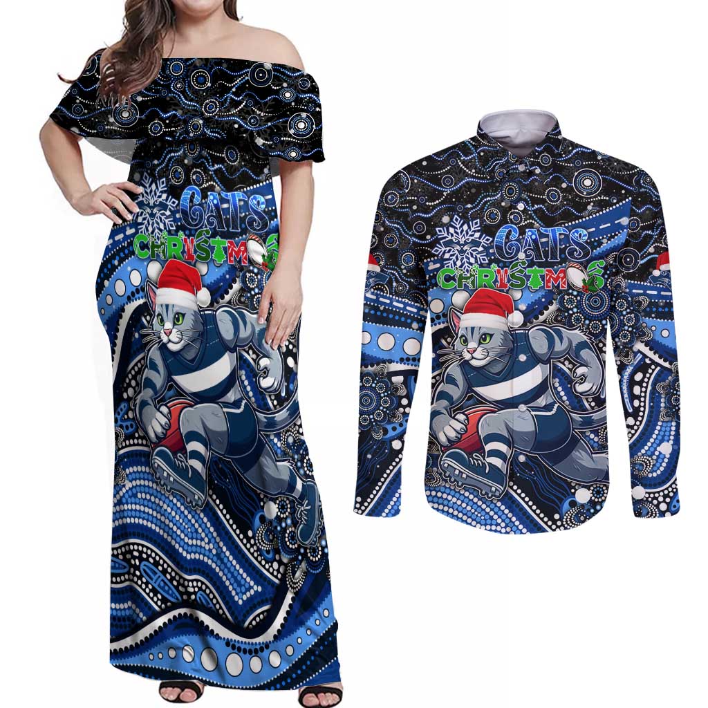 Merry Christmas AFL Cats Couples Matching Off Shoulder Maxi Dress and Long Sleeve Button Shirt Aboriginal Santa Football Mascot